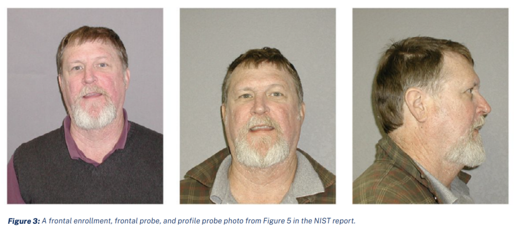 Frontal enrollment, frontal probe, and profile probe photos of a man used to illustrate profile matching performance testing in the NIST FRVT report