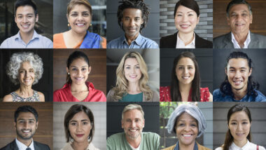 Headshot portraits of diverse smiling people