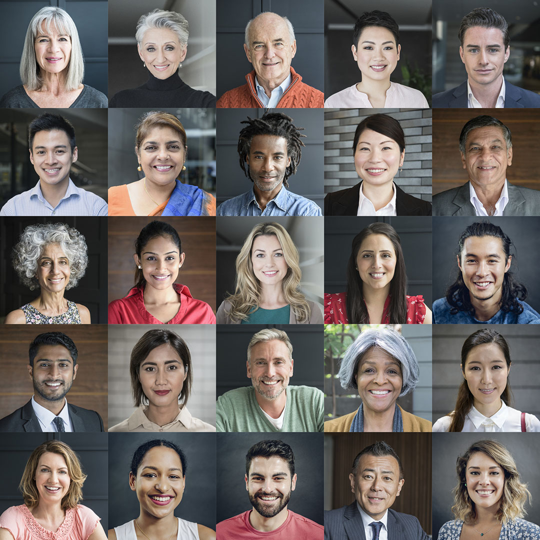 Headshot portraits of diverse smiling people