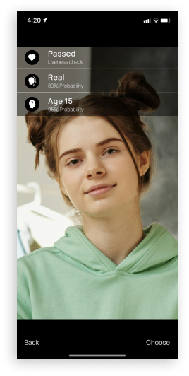 Smartphone screen displaying biometric age estimation results, confirming liveness, verifying authenticity, and showing estimated age