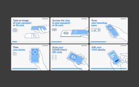 Six illustrated steps showing remote registration for biometric travel