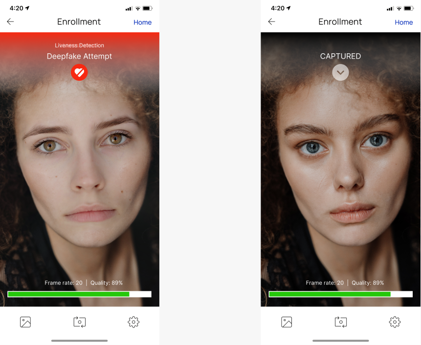 A deepfake attempt compared to a real face capture demo.